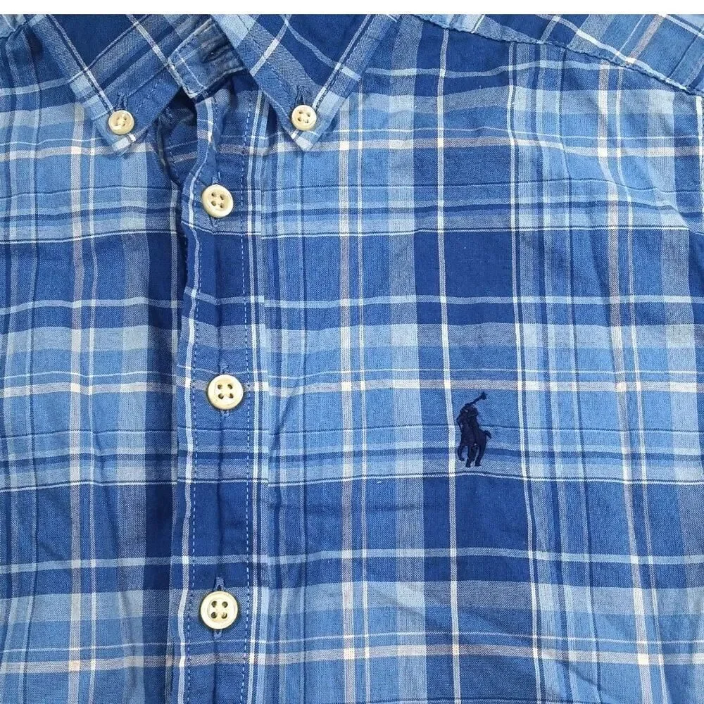 Stylish RALPH LAUREN Boys Blue Plaid Short Sleeve Dress Shirt - Size: Small/8